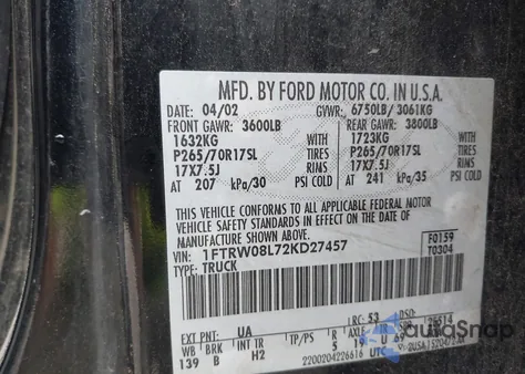 2002 Ford F-150 Lariat/Xlt from USA, damaged, VIN 1FTRW08L72KD27457